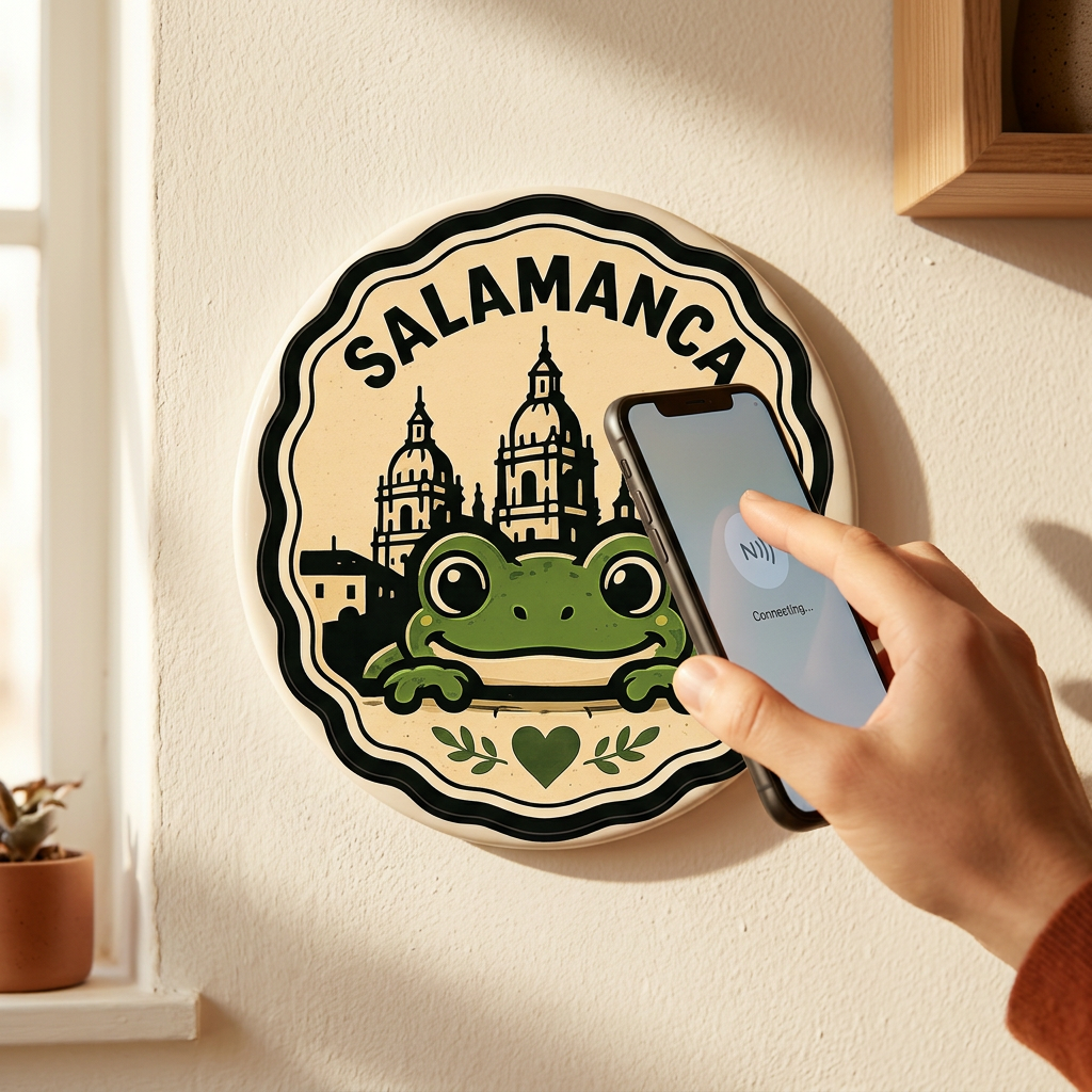 A phone tapping a terracotta Memora magnet on a cream wall