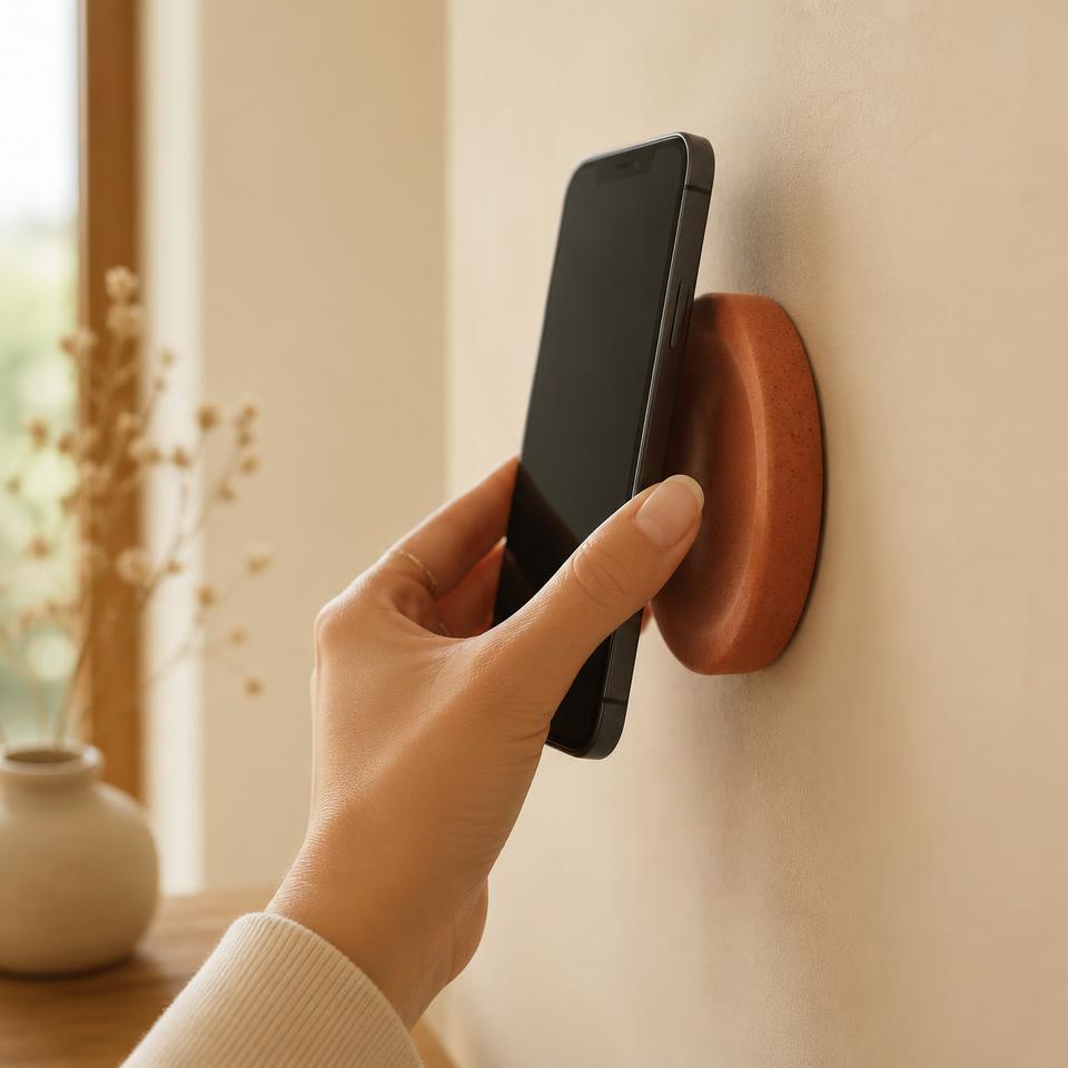 A phone tapping a terracotta Memora magnet on a cream wall