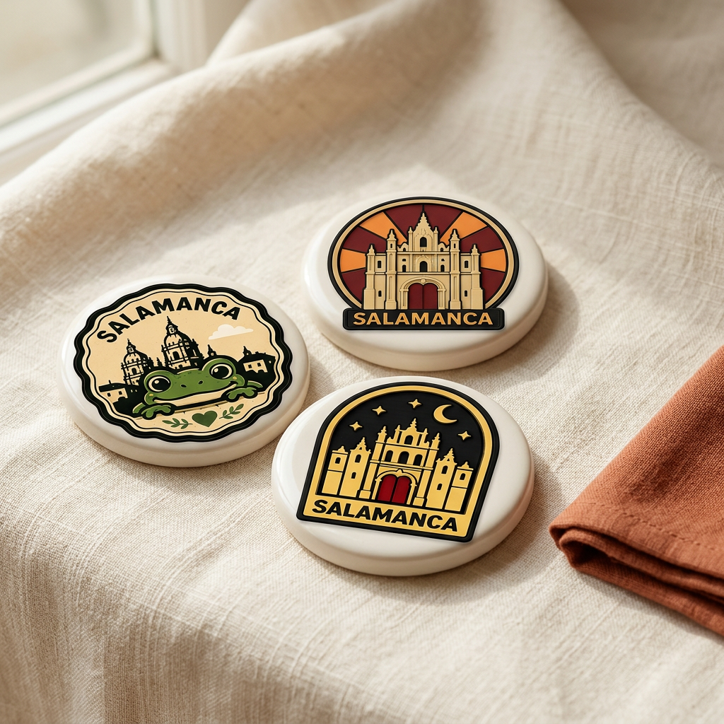 A Memora magnet, leather keychain and small wooden frame on warm linen