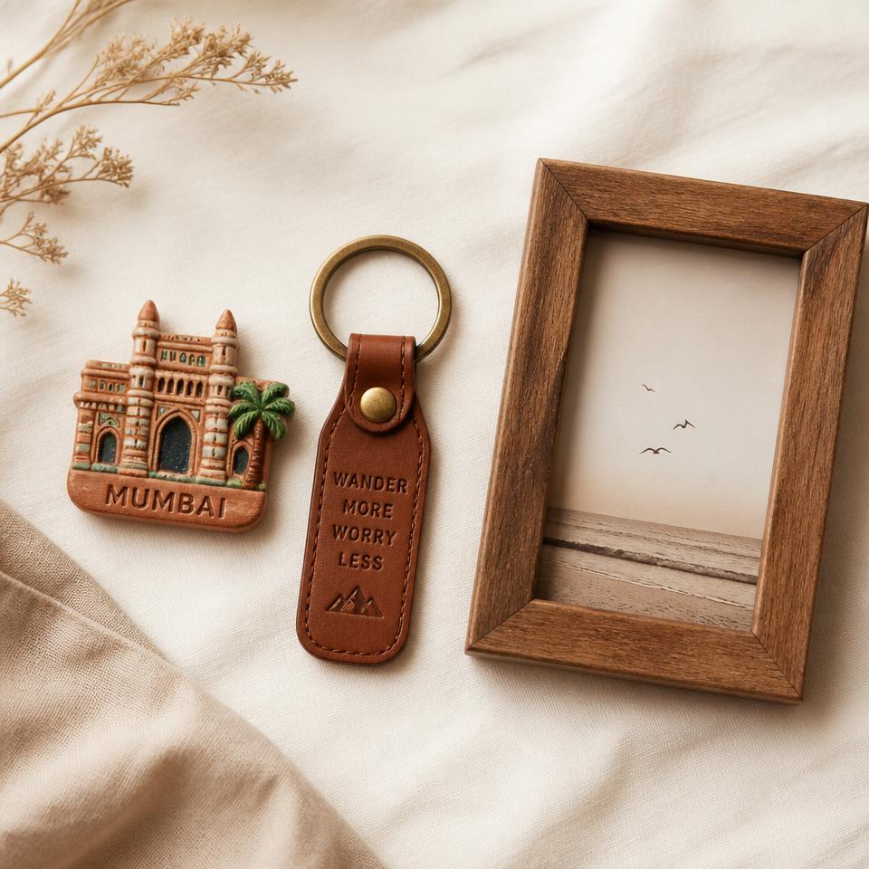 A Memora magnet, leather keychain and small wooden frame on warm linen