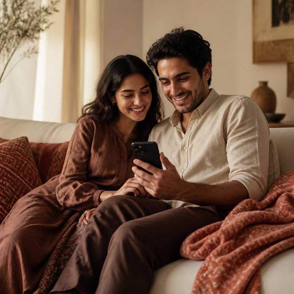 Two people looking at a shared Memora album on a phone together