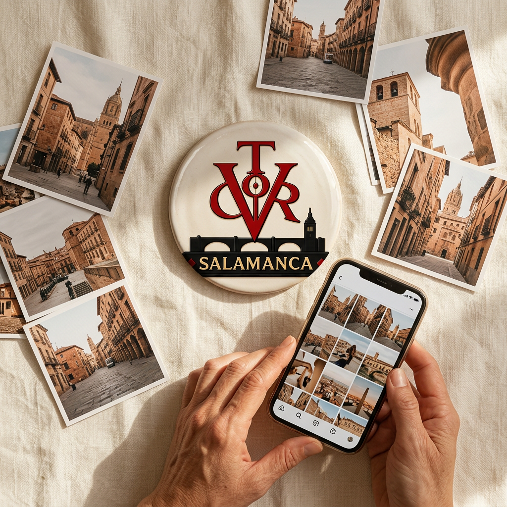 Hands holding a phone above printed travel photographs