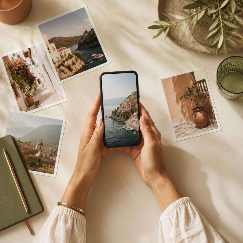 Hands holding a phone above printed travel photographs