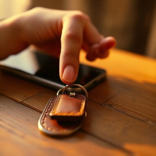 Phone tapping a leather keychain
